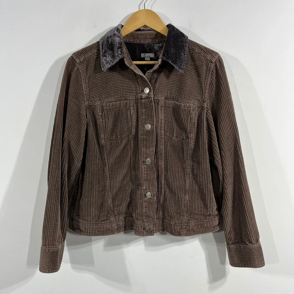 J. Jill Brown Corduroy Chore Trucker Jacket Velvet Collar Womens Medium 90s Farm